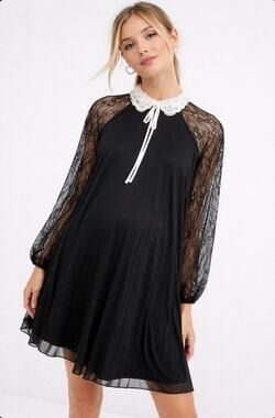 ASOS Black Chiffon Swing Dress Lace Sleeves Embellished Peter Pan Collar Sz 6